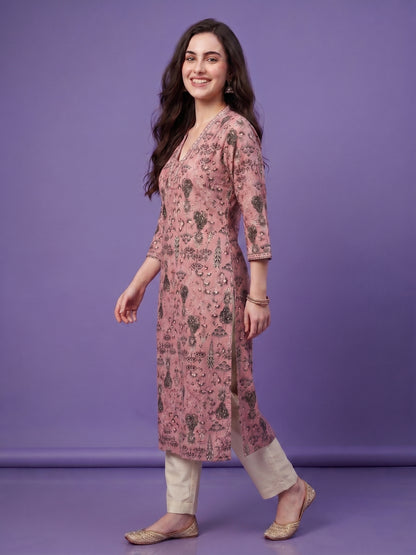 Pink V Neck Cotton Kurta