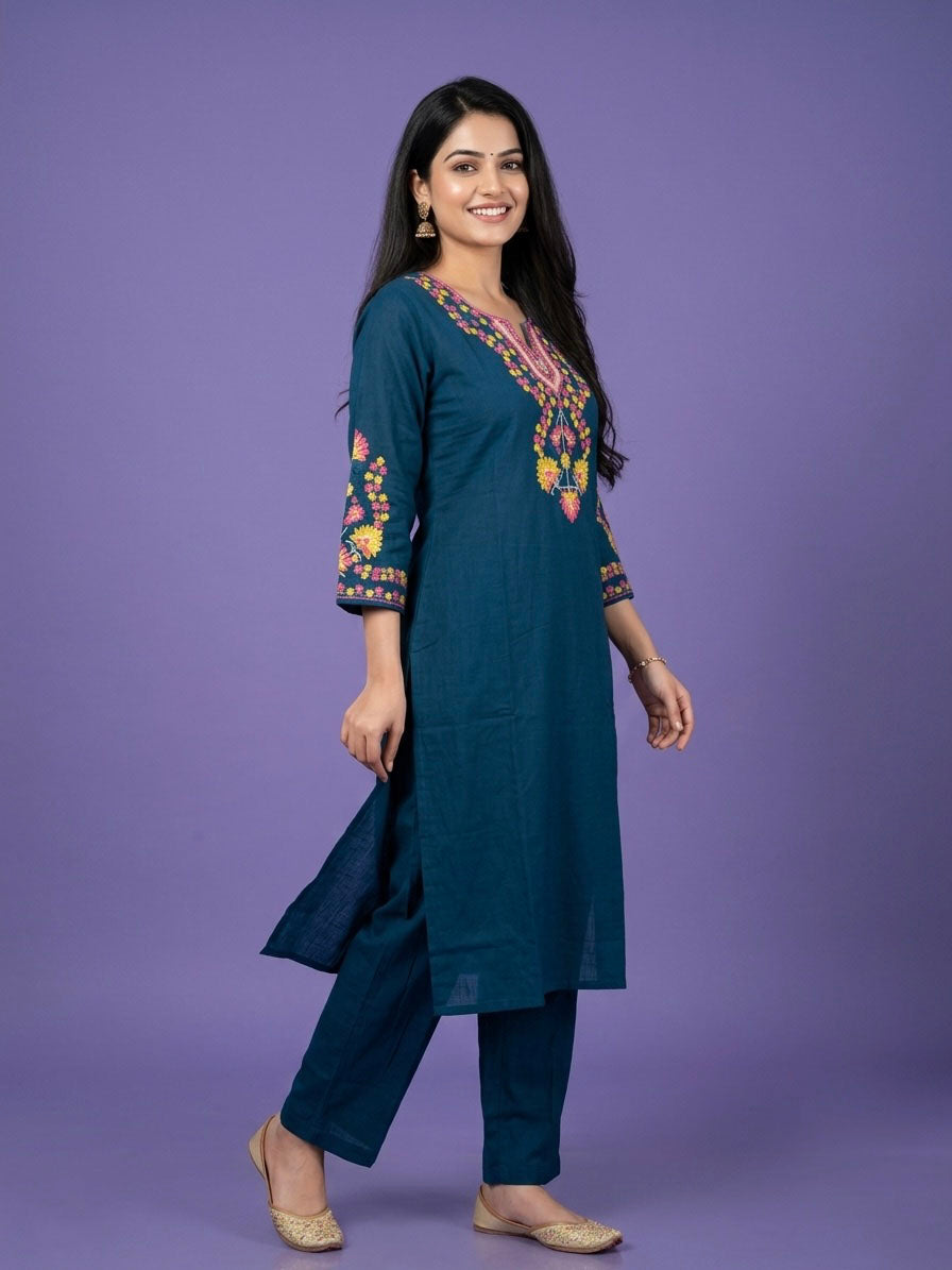 Blue Round V Neck Cotton Linen Kurta Set