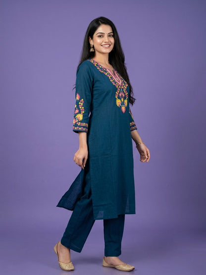 Blue Round V Neck Cotton Linen Kurta Set