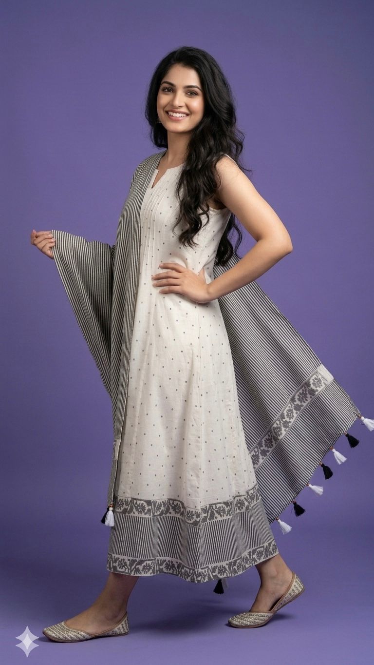 White V Neck Cotton Gown With Striped Dupatta