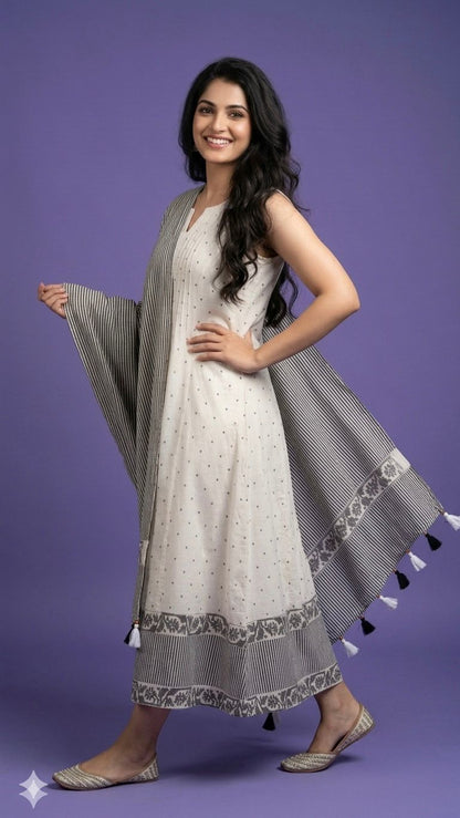 White V Neck Cotton Gown With Striped Dupatta