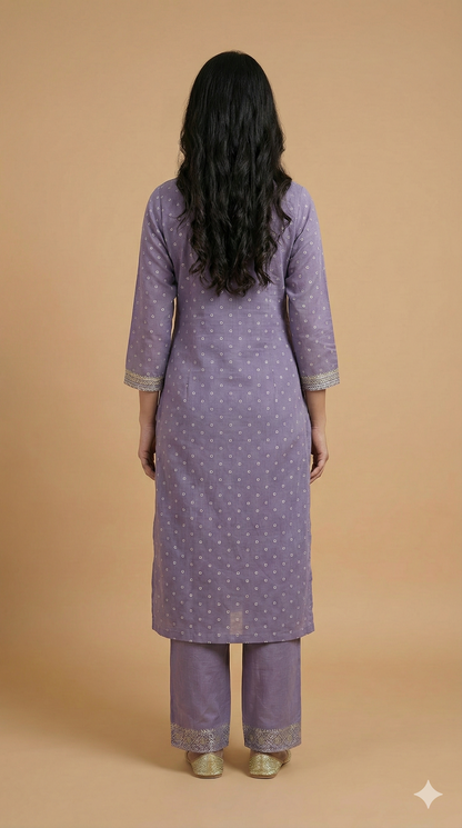 Purple Round V Neck Cotton Kurta