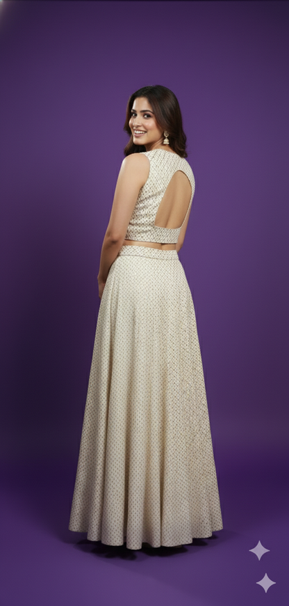 Ivory Round V Neck Silk 3PCS Set