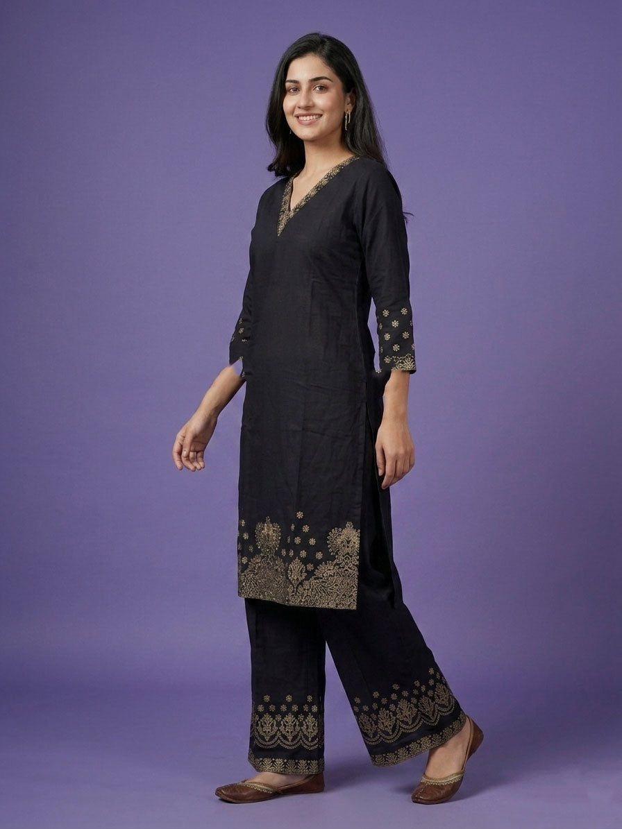 Black V Neck Cotton Cord Set