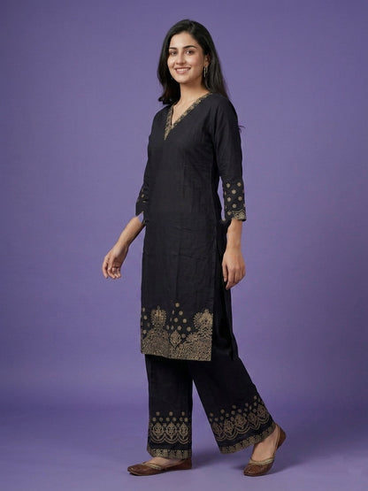 Black V Neck Cotton Cord Set