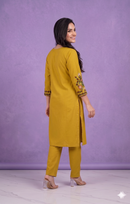 Yellow Round V Neck Cotton Kurta Set