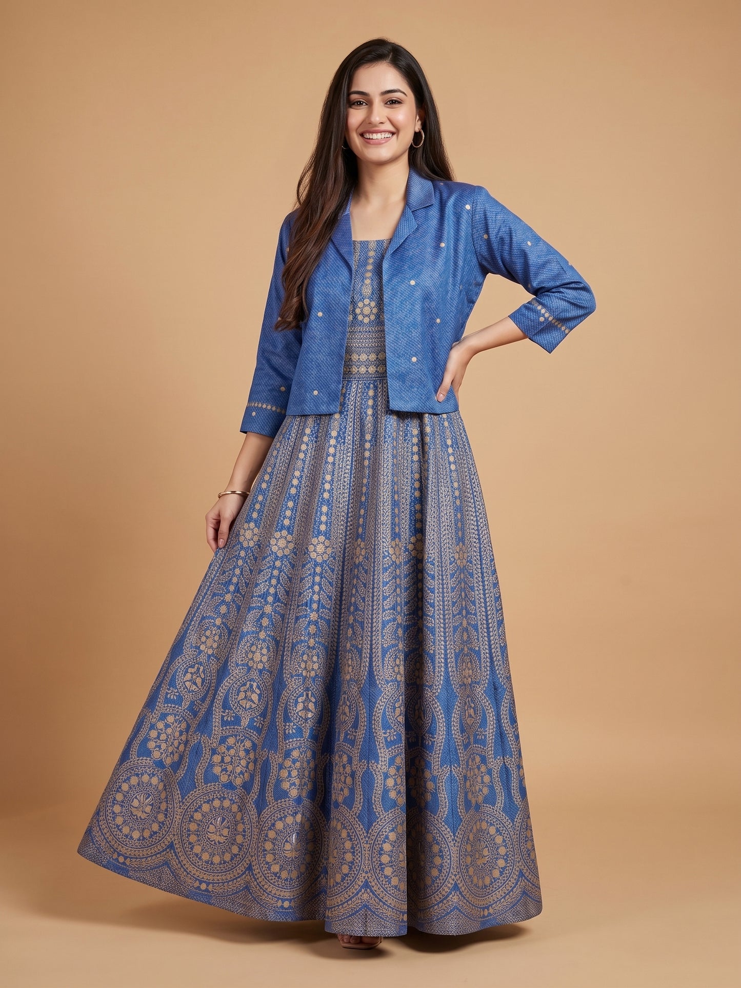 Denim Blue Notched Collar Cotton Gown With Crop Jacket