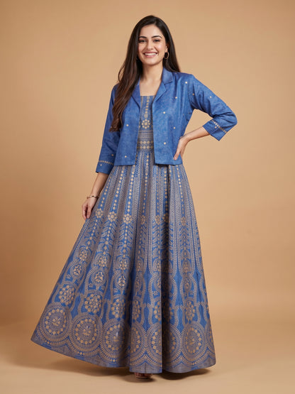 Denim Blue Notched Collar Cotton Gown With Crop Jacket