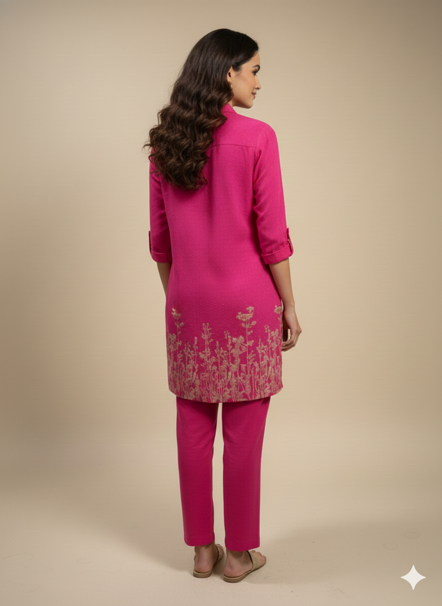 Pink Collard Cotton Short Kurta