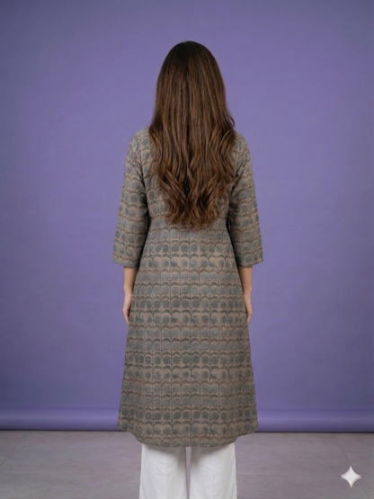 Beige Collard Cotton Kurta