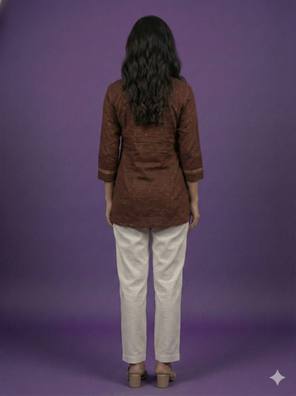 Brown Collard Cotton Short Kurta