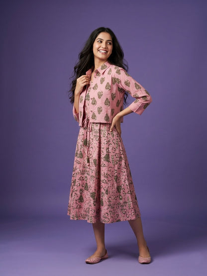 Pink Round Neck Cotton Kurta  With Crop Jacket