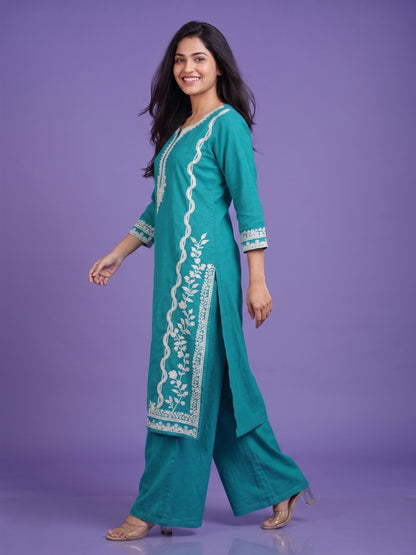 Green V Neck Cotton Kurta Set
