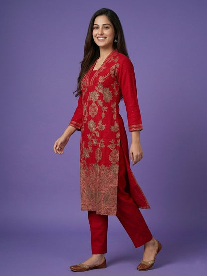 Red High V Neck Viscose Cord Set