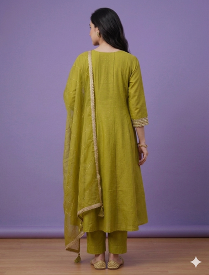 Green Round Neck Silk Gown