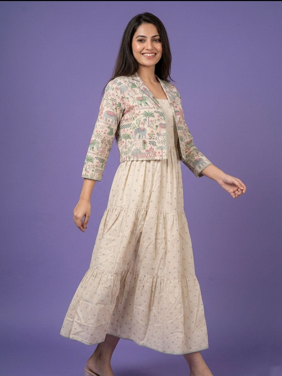 White Round Neck Cotton Linen Gown With Crop Jacket