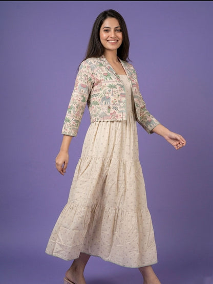 White Round Neck Cotton Linen Gown With Crop Jacket