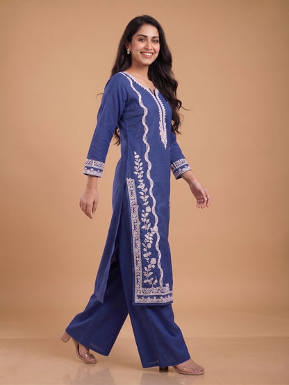 Blue V Neck Cotton Kurta Set