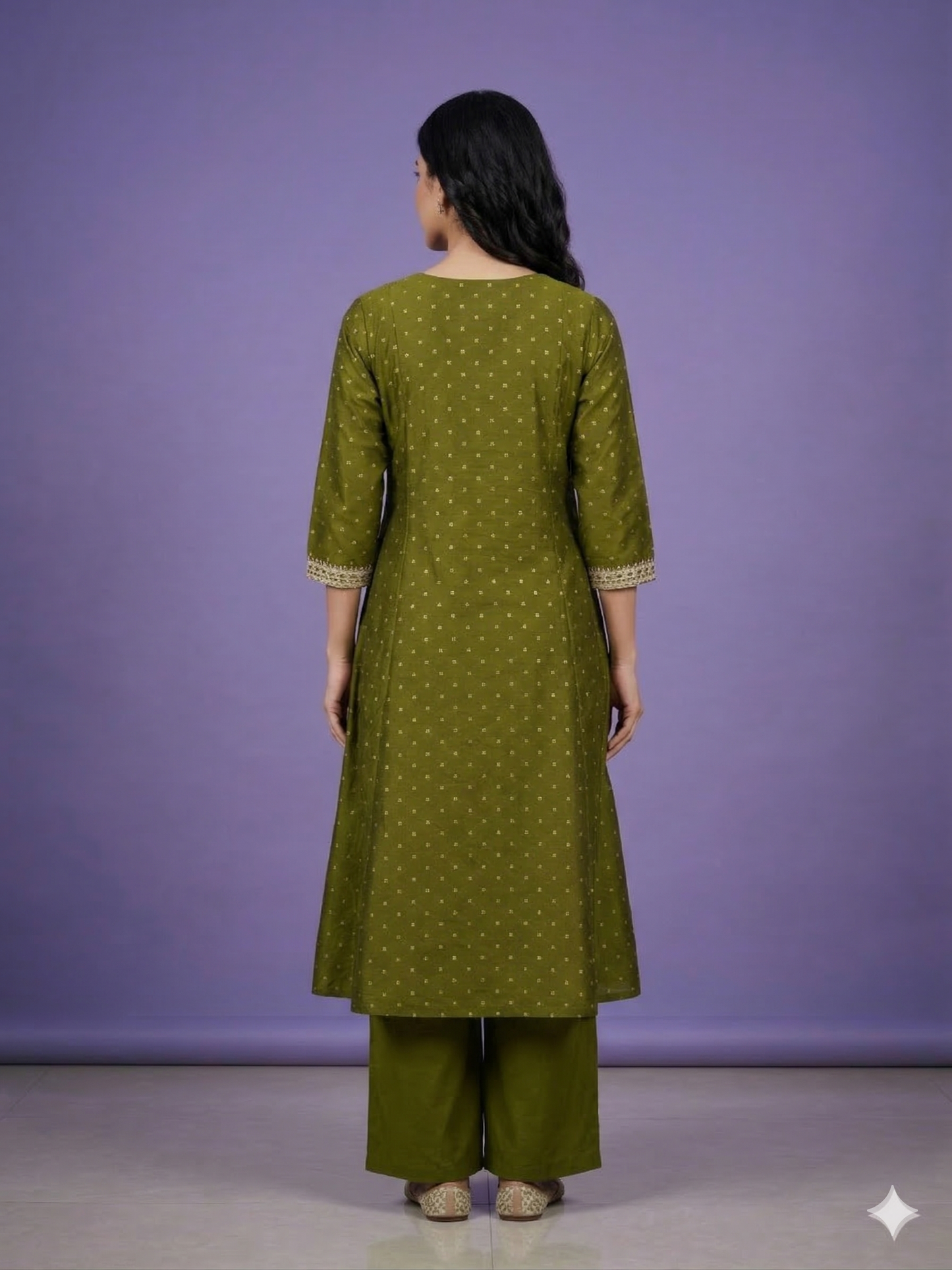 Green Round V Neck Silk Kurta