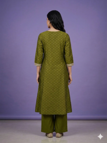 Green Round V Neck Silk Kurta