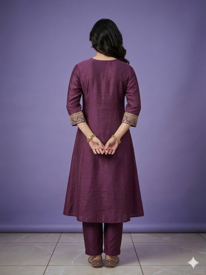 Purple Deep-V Silk Kurta