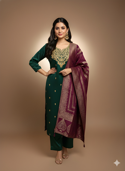 Green Round V Neck Gazi Silk Kurta Set with Dupatta