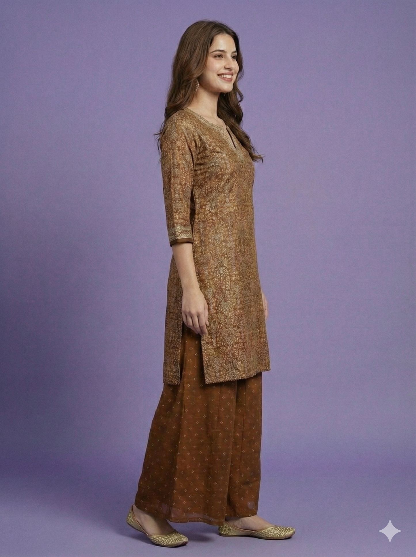 Brown Round V Neck Silk Kurta