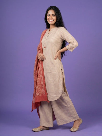 Beige Mandarin Neck Cotton Linen Kurta Set with Dupatta