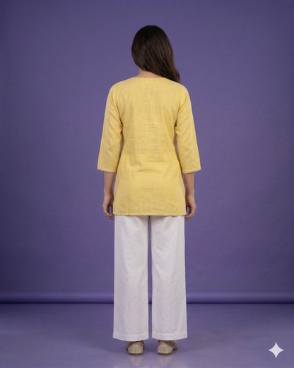 Yellow V Neck Cotton Short Kurta