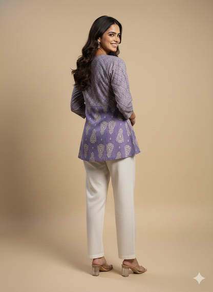 Purple Mandarin Cotton Short Kurta