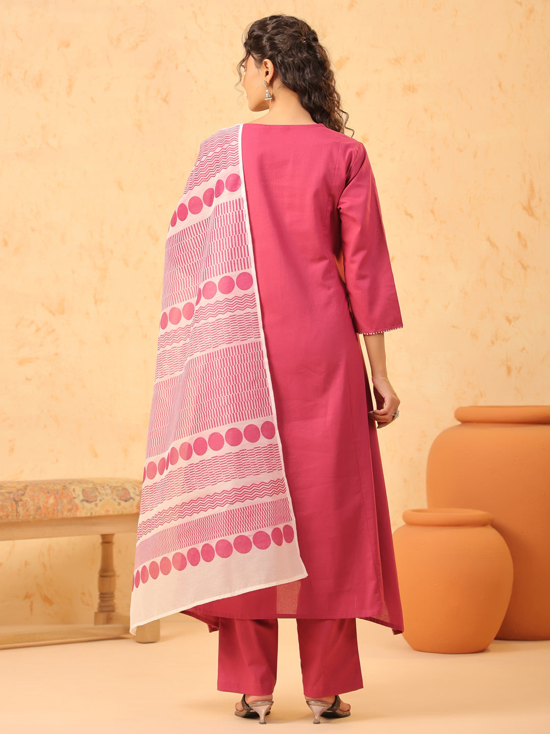 Pink V Neck Cotton Kurta Set with Dupatta