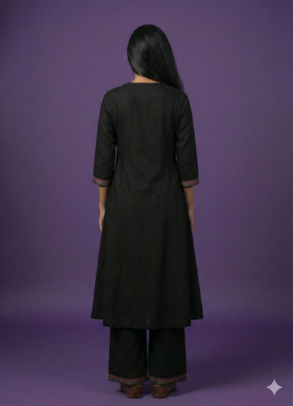 Black V Neck Silk Kurta Set