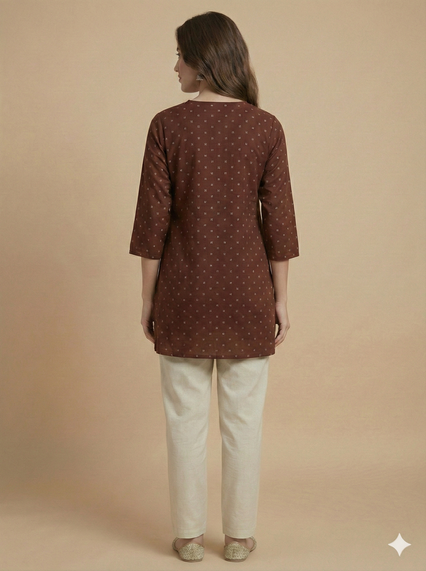 Brown Round V Neck Cotton Short Kurta