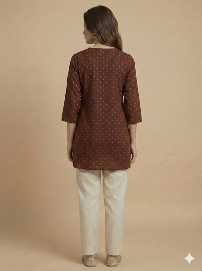 Brown Round V Neck Cotton Short Kurta