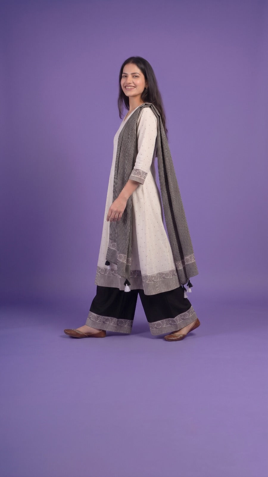 White V Neck Cotton Linen Kurta Set with Dupatta