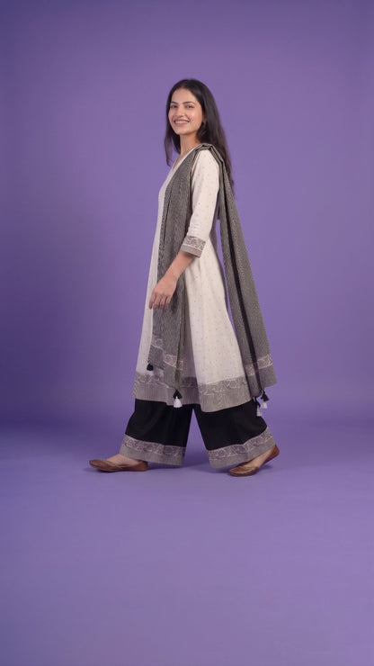 White V Neck Cotton Linen Kurta Set with Dupatta