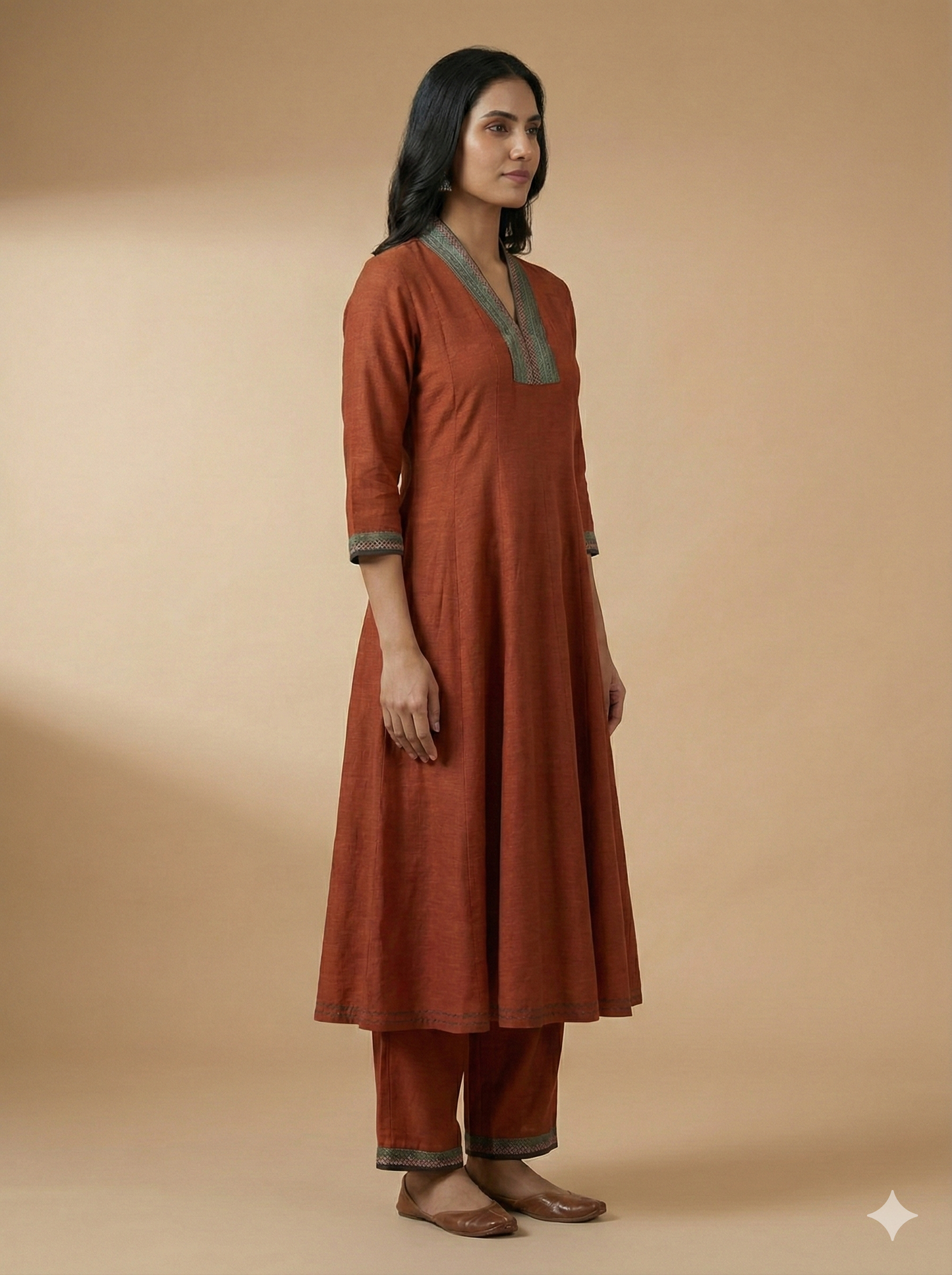 Brown V Neck Silk Kurta Set