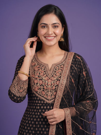 Black Round V-Neck Silk Kurta Set with Dupatta