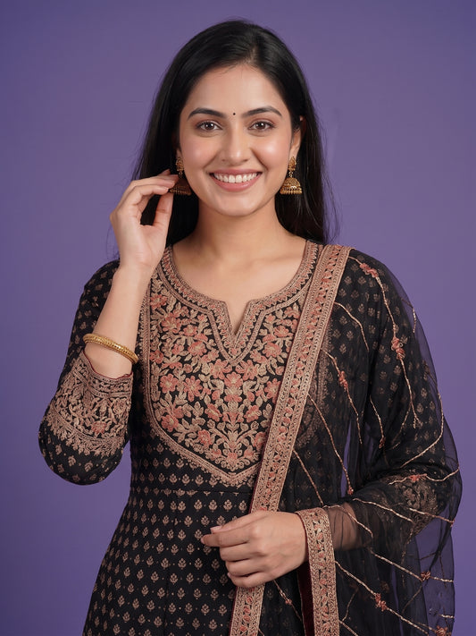 Slub Silk Anarkali Suit Set with Embroidered Dupatta