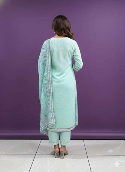 Green V Neck Cotton Kurta Set with Dupatta