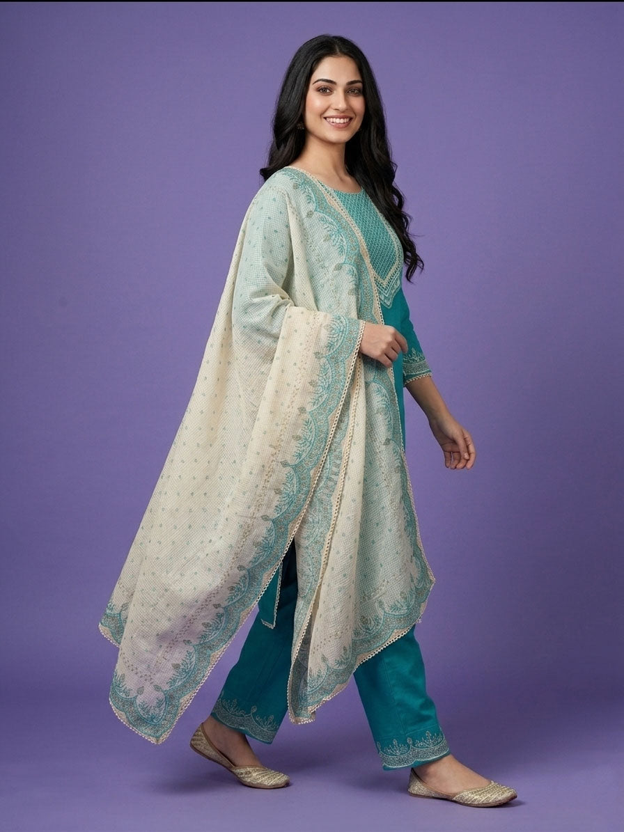 Blue Round Neck Cotton Kurta Set with Dupatta