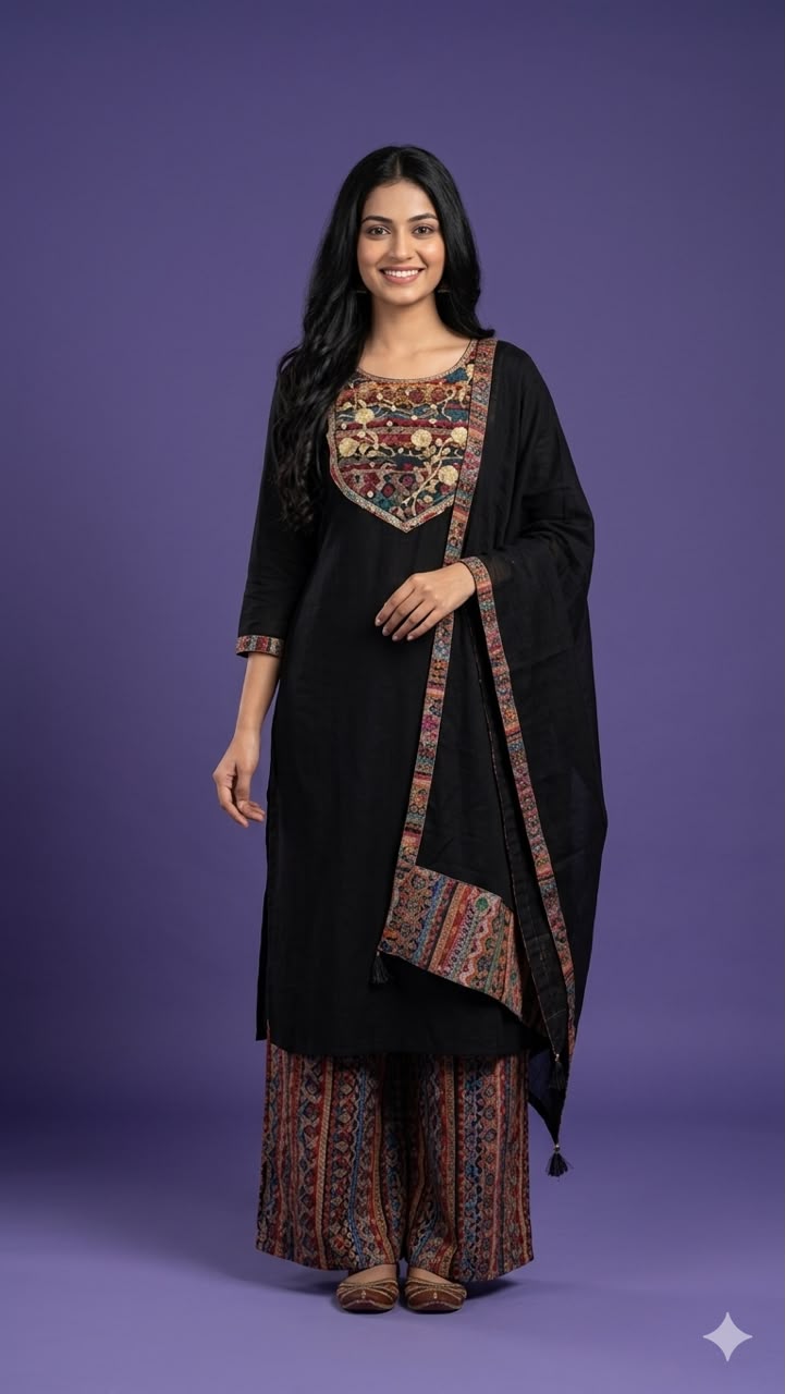 Black Round Neck Silk Kurta Set with Dupatta