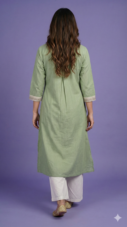 Green V Neck Cotton Kurta