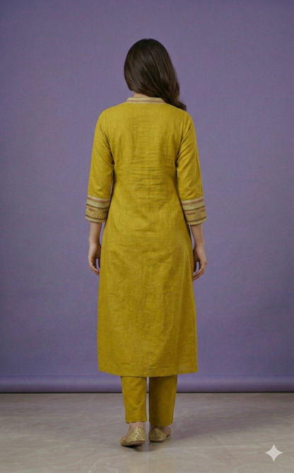Yellow Deep-V Cotton Kurta