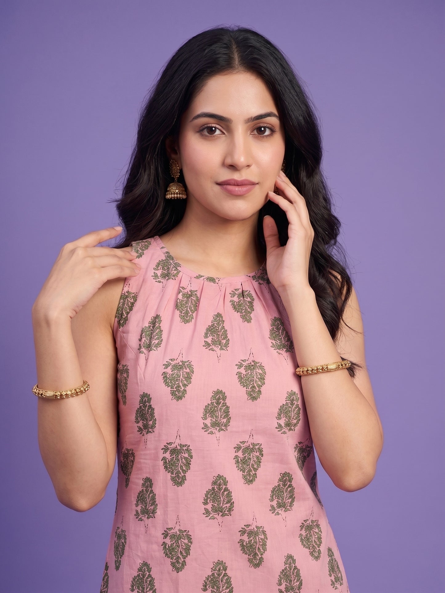 Pink Round Neck Cotton Cord Set