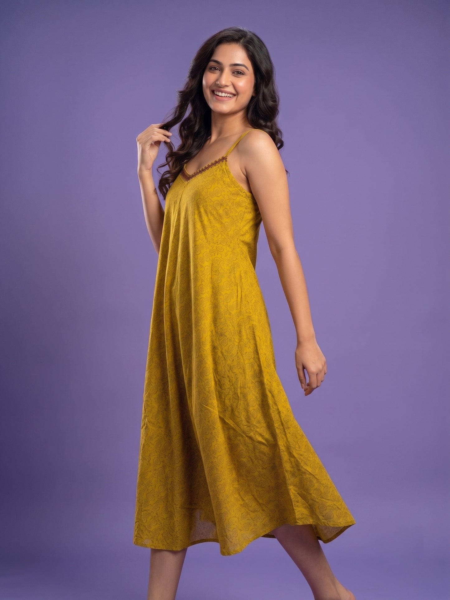Yellow V Neck Cotton Linen Spaghetti Kurta