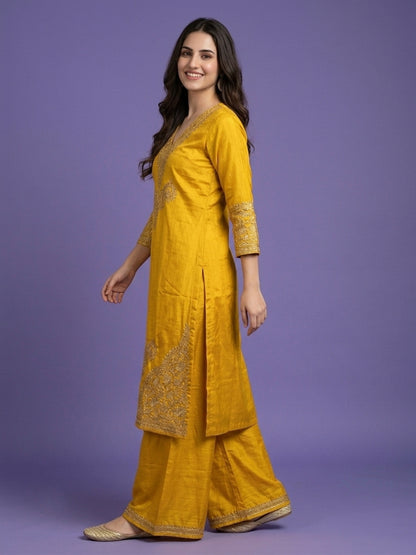 Slub Silk Straight Suit Set with Embroidered Dupatta