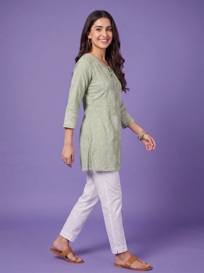 Green Round Neck Reyon Short Kurta