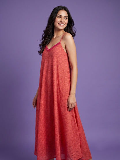 Peach Plam V Neck Cotton Linen Spaghetti Kurta
