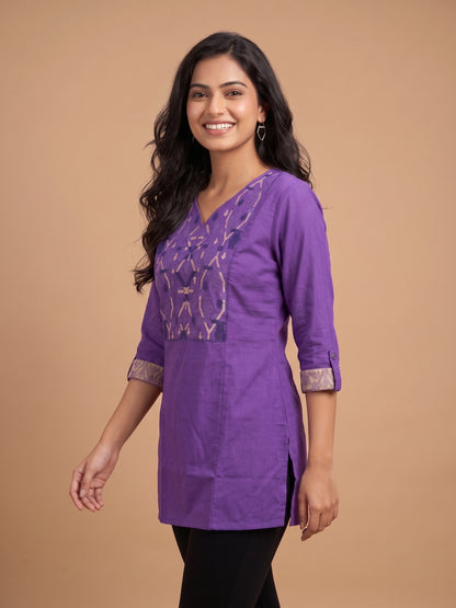 Lavender Round V Neck Cotton Short Kurta